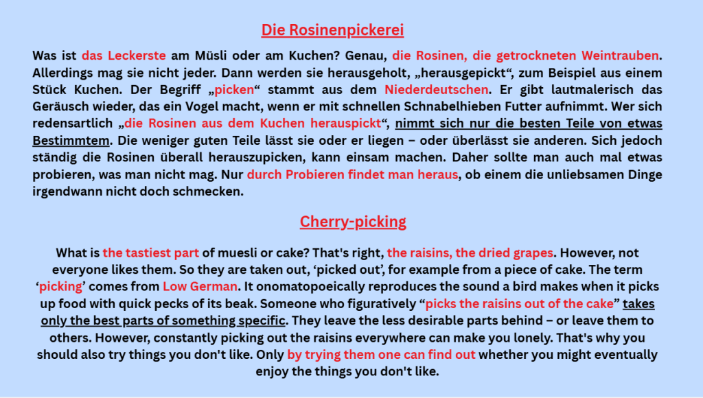 This text is about cherry-picking, that describes the meaning in German and helps to improve German language skills.
